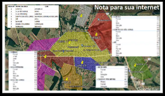 Mapa da cidade dividido em áreas coloridas, com a nota da internet em cada bairro.